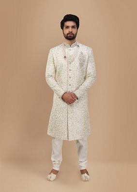 alt message - Manyavar Men Elegant Off White Sherwani image number 1